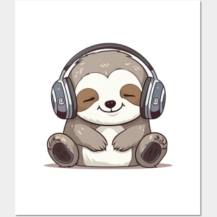 Sloth - Baby Sloth Kawaii Cute, Wearing Headphones, Enjoying The Music Posters and Art